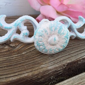 May include: White and light blue decorative knob with a distressed finish. The knob is made of metal and has a floral design.