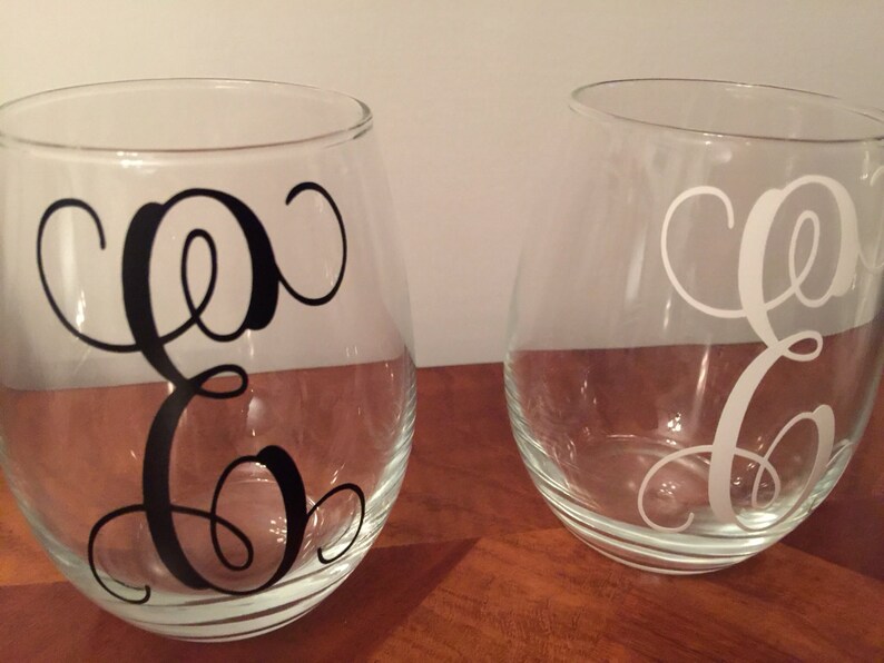 Monogram Stemless Wine Glass Vinyl Lettering Set of 2 Wine Etsy