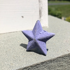 May include: A purple, five-pointed star ornament with a textured surface.