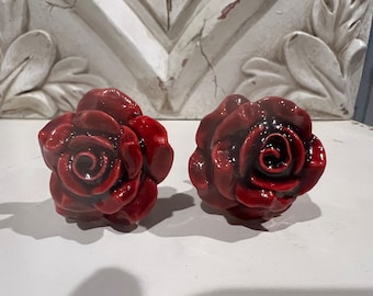 Knobs/ Flower Knobs/ Red Knobs/ Dresser Decor/ Rose Knobs / Home and Garden Decor/ Set of 2 knobs