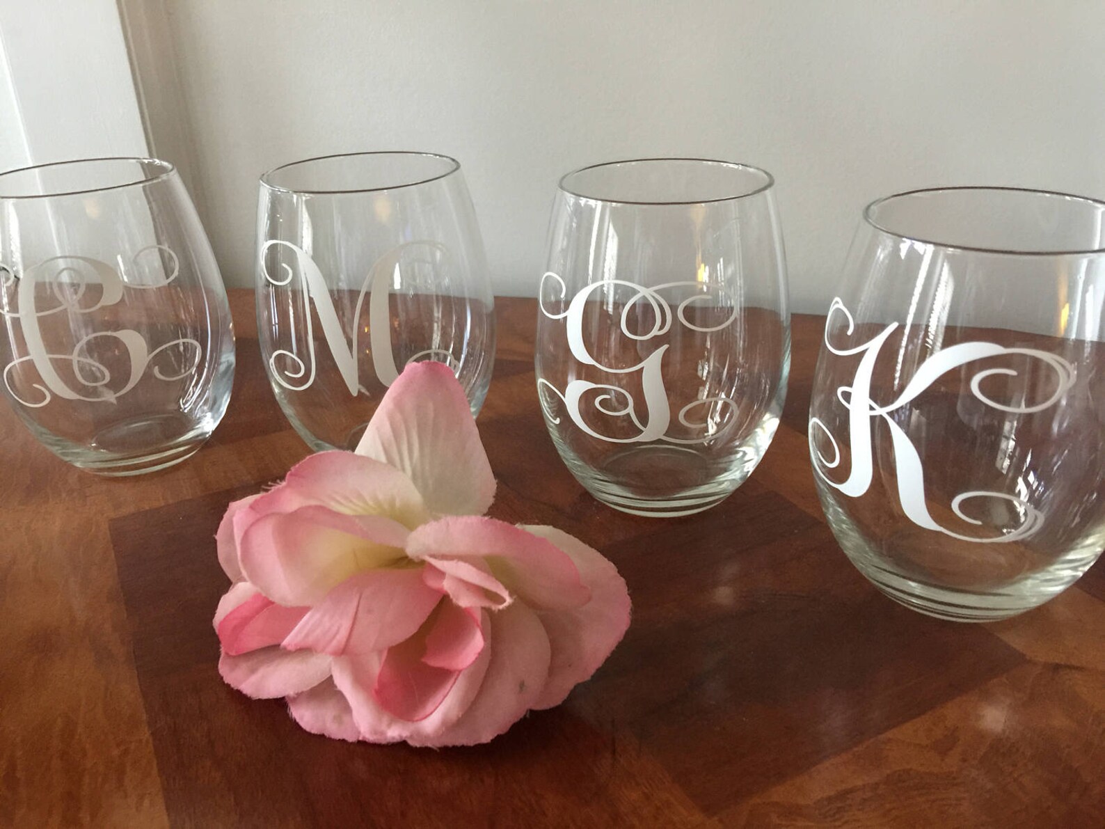 Monogram Stemless Wine Glass Vinyl Lettering Set of 2 Wine Etsy
