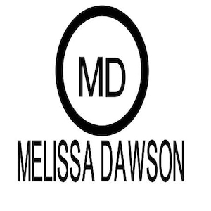 Pode incluir: Logotipo preto e branco com as iniciais "MD" em um círculo, e o texto "MELISSA DAWSON" abaixo.