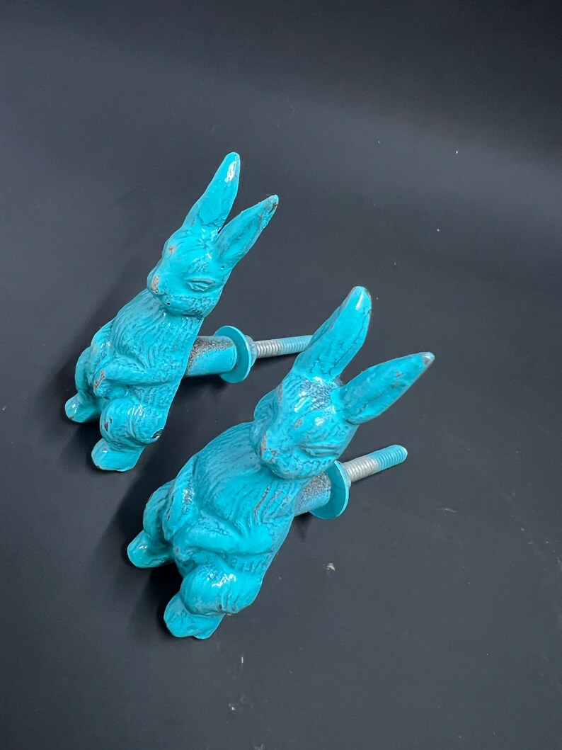 May include: Two turquoise blue rabbit shaped cabinet knobs with a silver screw.