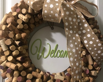 Wreath, Cork Wreath, Wine Cork Wreath, Wall Decor, Burlap Ribbon with white dots