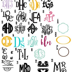 May include: A sheet of paper with 23 different monogram designs. The monograms are in various colors and styles, including script, block, and traditional. The monograms are numbered 1 through 23.