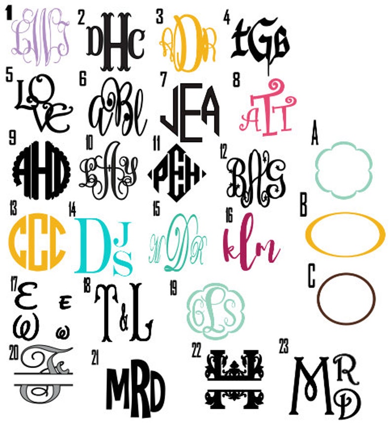 May include: A sheet of paper with 23 different monogram designs. The monograms are in various colors and styles, including script, block, and traditional. The monograms are numbered 1 through 23.