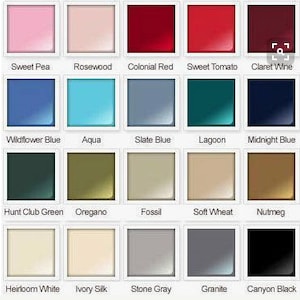 Op de afbeelding: Een kleurenpalet met 20 verschillende verfmonsters in diverse tinten. Kleuren zijn onder meer roze, rood, blauw, groen en neutrale tinten, elk gelabeld met een beschrijvende naam zoals "Sweet Pea", "Aqua" en "Canyon Black".