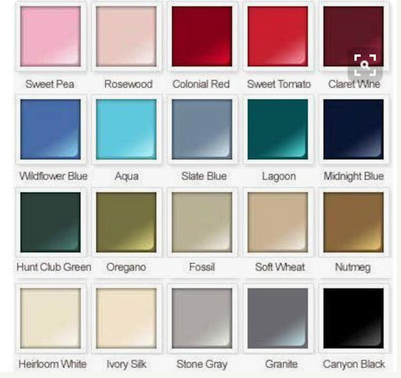 Op de afbeelding: Een kleurenpalet met 20 verschillende verfmonsters in diverse tinten. Kleuren zijn onder meer roze, rood, blauw, groen en neutrale tinten, elk gelabeld met een beschrijvende naam zoals "Sweet Pea", "Aqua" en "Canyon Black".