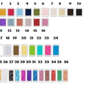 May include: A color chart with 36 different colors, numbered 1 through 36. The colors are arranged in rows and columns. The colors include a variety of shades of red, blue, green, yellow, brown, pink, and purple.