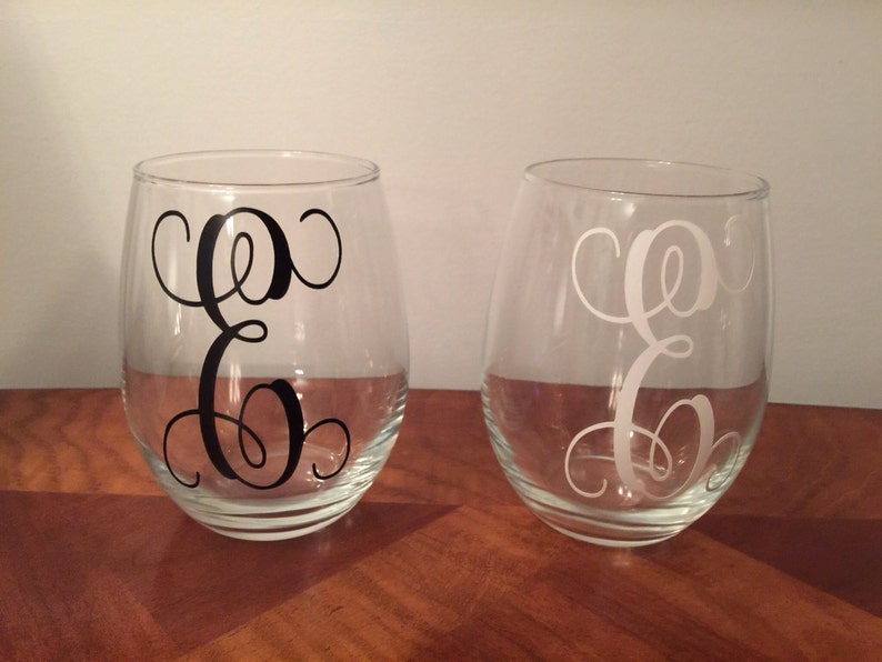 Monogram Stemless Wine Glass Vinyl Lettering Set of 2 Wine Etsy