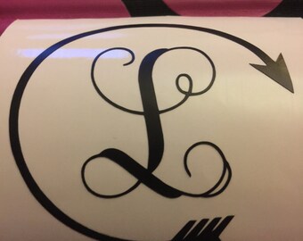 Op de afbeelding: Zwarte vinyl sticker met een cursieve letter L in een cirkel met een pijl die naar rechts wijst.