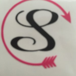 May include: A pink circle with a black cursive letter "S" inside. The circle has a pink arrow pointing to the right.