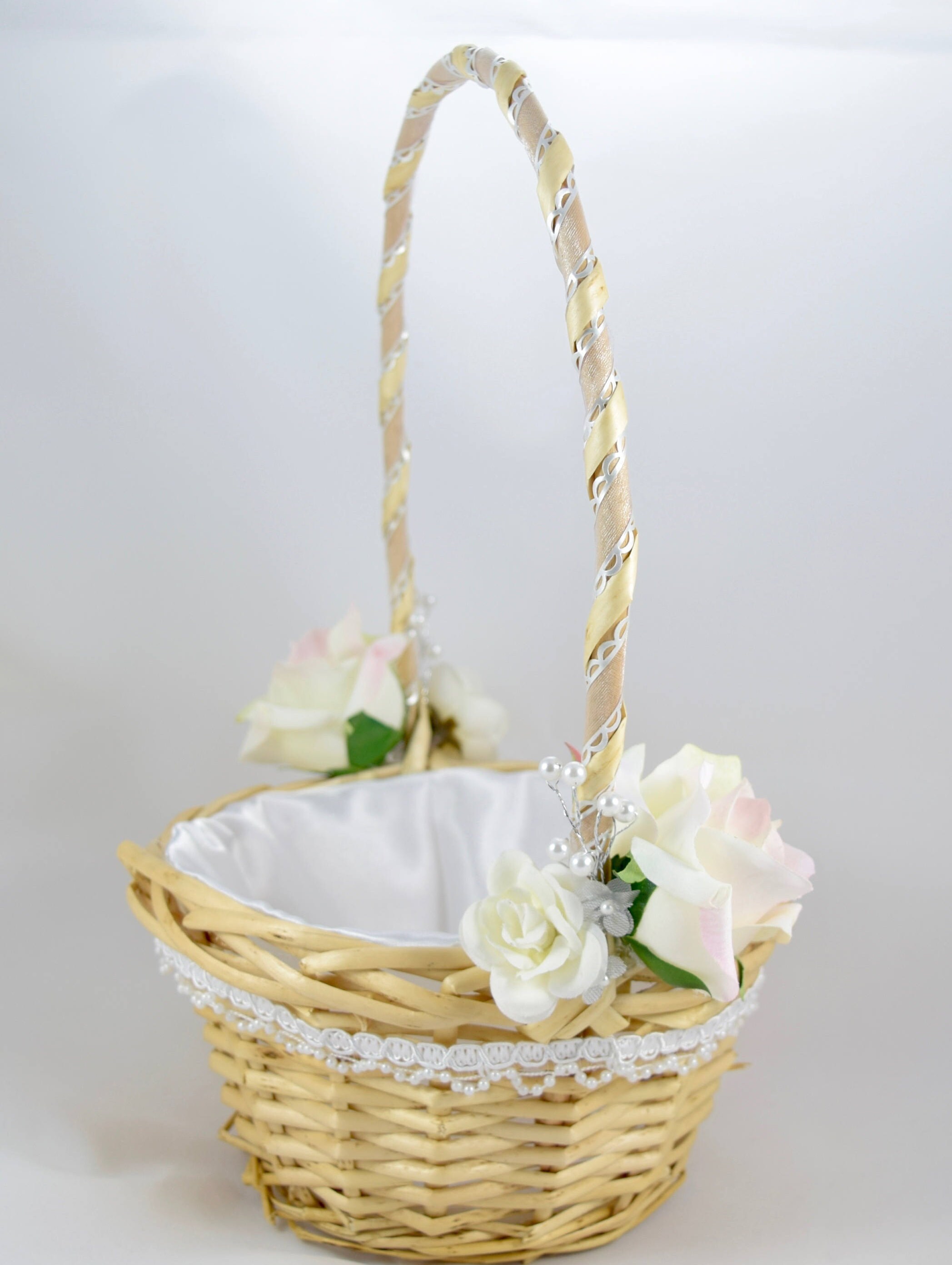 White Wicker Flower Girl Basket White Roses Satin Lining Etsy