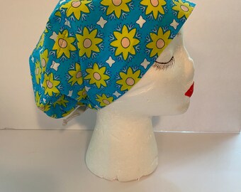 Turquoise and Yellow Floral Euro Style Scrub Cap, CRNA, Uniforms, Food Service, Surgical Cap, Head Cover, Scrub Hat, OR Tech, L&D Nurse