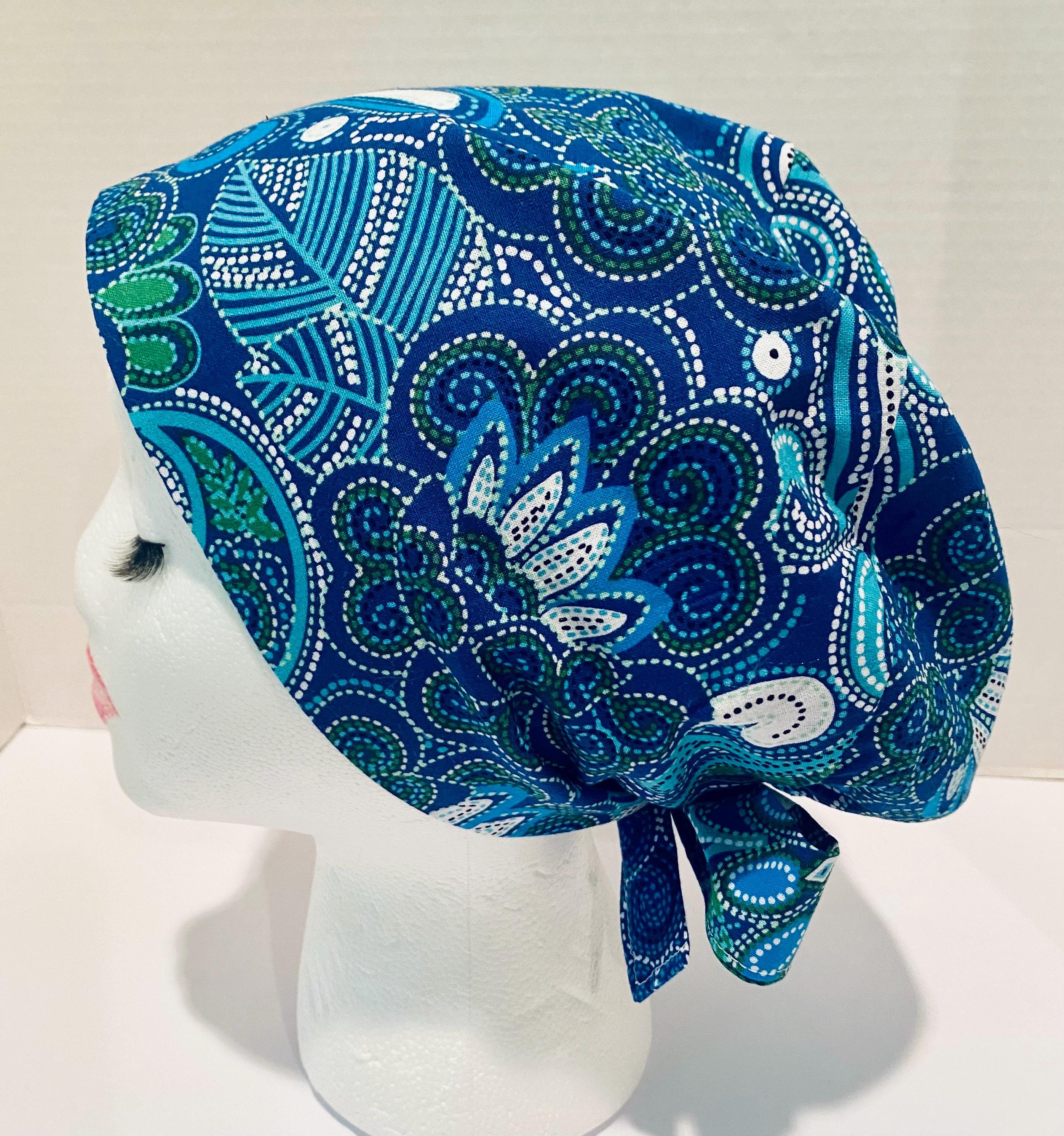 100% Cotton Blue White Abstract Scrub Cap, Tie-On, Or Hat, Vet's, CRNA, Surgical Tech, OR Nurse, LD, Head Cover, Medical, Scrub Cap, Garden