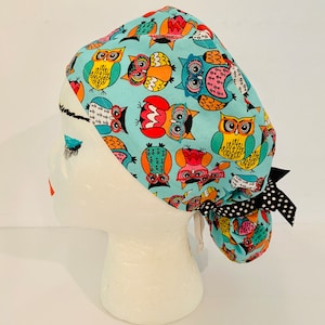 100% Cotton &quot;Wise ‘Ol Owls&quot; Ponytail Scrub Cap, Lightweight, OR Rn, CRNA, ORTech, Chef, Scrub Hat, Labor & Delivery, Uniforms, Pediatrics