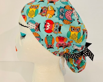 100% Cotton "Wise ‘Ol Owls" Ponytail Scrub Cap, Lightweight, OR Rn, CRNA, ORTech, Chef, Scrub Hat, Labor & Delivery, Uniforms, Pediatrics