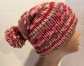 Handmade Wool Blend Stripe Hat and Double Knit Brim, Earth Tone Colors with Matching Pom Pom, One Size Fits Most