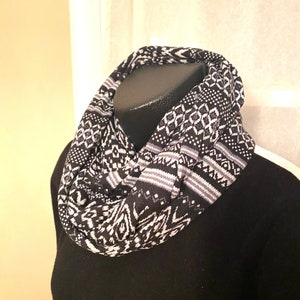 Unisex Geometric Print Infinity Scarf, Black and Gray Easy Care, Fun to Wear, Alone/Layered, Makes a Great Gift