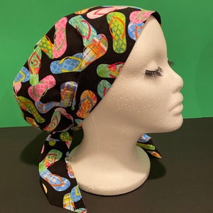 100% Cotton “Summer Fun Flip Flops” Headcover, CRNA, ORTech, Chef, OR Hat, OR Tech, Chef, Scrub Hat,1st Assist Hat, Labor Rn,Uniforms,Garden