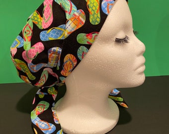 100% Cotton “Summer Fun Flip Flops” Headcover, CRNA, ORTech, Chef, OR Hat, OR Tech, Chef, Scrub Hat,1st Assist Hat, Labor Rn,Uniforms,Garden