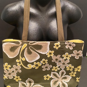 Olive Cotton Tote Bag, Tropical Flowers, Grocery Bag, Library, Sleepovers, Boxed Bottom, Contrasting Strap, Inner Pockets, 1 Zipper, Shopper