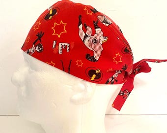 Men&#39;s/ Unisex Red, White &quot;The Incredibles&quot; Scrub Cap, Or Hat, Head Cover, OR Nurse, Pediatrics, Scrub Tech, Vet&#39;s OR, CRNA, Chef, One-Size
