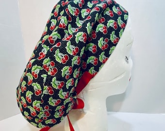 100%Cotton "Red Cherries"  Euro Scrub Cap with Ties, OR Rn, CRNA, ORTech, Food Service, Scrub Hat, Peds Staff, Labor/Delivery, Uniforms, CMA