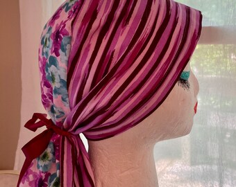 100% Cotton Stripes & Floral Scrub Cap w Satin Ties, CRNA Hat, OR Hats, Surgical Tech, Scrub Cap, Labor Nurse, Uniforms, Long Hair OR Hat