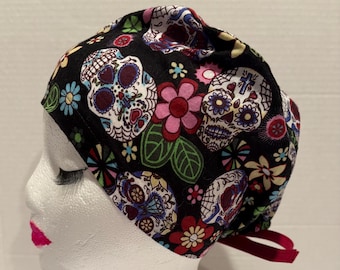 Unisex Scrub Hat "Sugar Skulls" Tie-On Scrub Cap, OR Hat, Surgeon Cap, CRNA, OR Nurse, Surgical Tech, Vet Office, Food Service Hat
