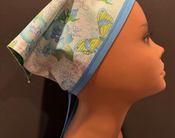 Reversible Butterflies and Flowers Triangle Scarf, Alopecia, Summer, Kerchief, Beach, Camping, Spring Colors, Contrast Band & Ties, One Size