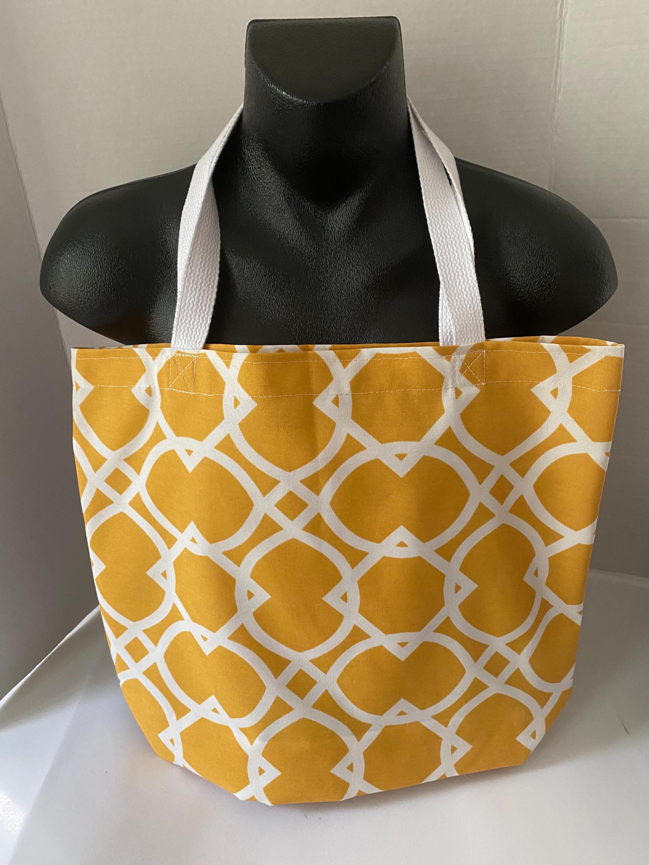 黄色と白の幾何学模様のオープントートバッグ、食料品、マーケット