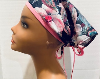 100% Linen Triangle Kerchief, Pink Floral on Black, Lightweight, One Size Triangle Scarf, Alopecia, Summer Headscarf, Beach, Camping, Retro