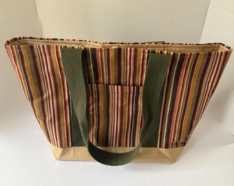 Sample Striped Tote, Contrast, Bottom Straps, 4 Pockets, Roomy Inside, Sturdy Straps, Magnetic Closure, Earth tone