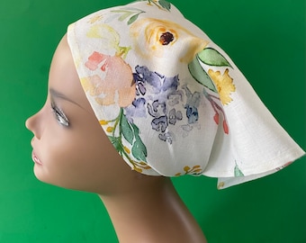 Linen, Pastel Floral Head Kerchief, Lightweight, One Size, Alopecia, Summer Headscarf, Triangle Scarf, Beach, Food Service, Camping