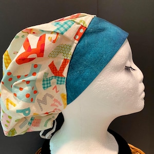 Cotton Abstract Patchwork Letters Scrub Hat, Contrast Brim Bouffant Scrub Cap, OR Hat, CRNa, OR Rn, Surgeon Hat, L&D Rn, Peds, OR Tech
