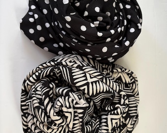 Geometric or Polka Dot Scarf, Black/White, Poly/Spandex, Easy Care, Misses' Accessories, Straight or Infinity Makes a Great Gift, You Choose