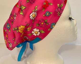 Pink Floral Euro Style Scrub Cap w Satin Ties, CRNA, Uniforms, Food Service, Surgical Cap, Head Cover, Scrub Hat, Or Tech, L&D Nurse, Peds