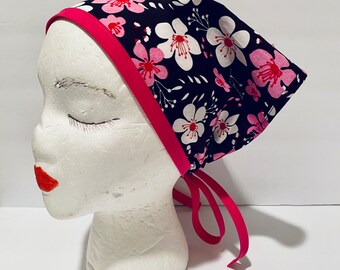 Pink and White Floral Tie-On Scarf, Kerchief w Contrasting Ties, Beach, Summer, Head Cover, Hair Loss, Triangle Scarf, One Size 2 Options