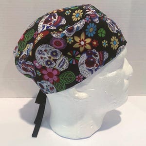 Unisex Scrub Hat "Sugar Skulls" Tie-On Scrub Cap, OR Hat, Surgeon Cap, CRNA, OR Nurse, Surgical Tech, Vet Office, Food Service Hat