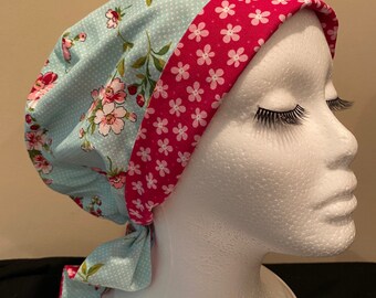 100% Cotton Turquoise/Pink Scrub Cap, Tie-On Scrub Cap, OR Hat, Vet&#39;s Or, CRNA, Surgical Tech, OR Nurse, L&D, Head Cover, Chef, Scrub Cap