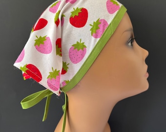 Cotton Head Kerchief "Strawberries" Contrasting Trim/Ties, Vintage Look, Camping, Head Cover, Beach, Triangle Scarf, Bandana, Food Service