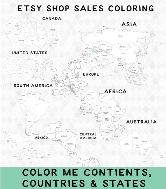 Printable World Map Coloring Pages Coloring Continents Etsy