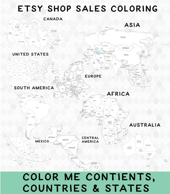 printable world map coloring pages coloring continents etsy