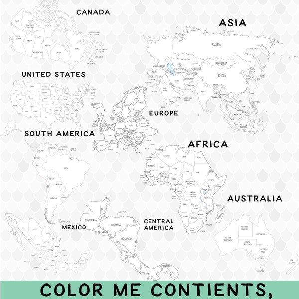 Printable World Map Coloring Pages, Coloring Continents, Coloring Countries, Coloring States, Etsy Sales, Color Sales, Color Tracker