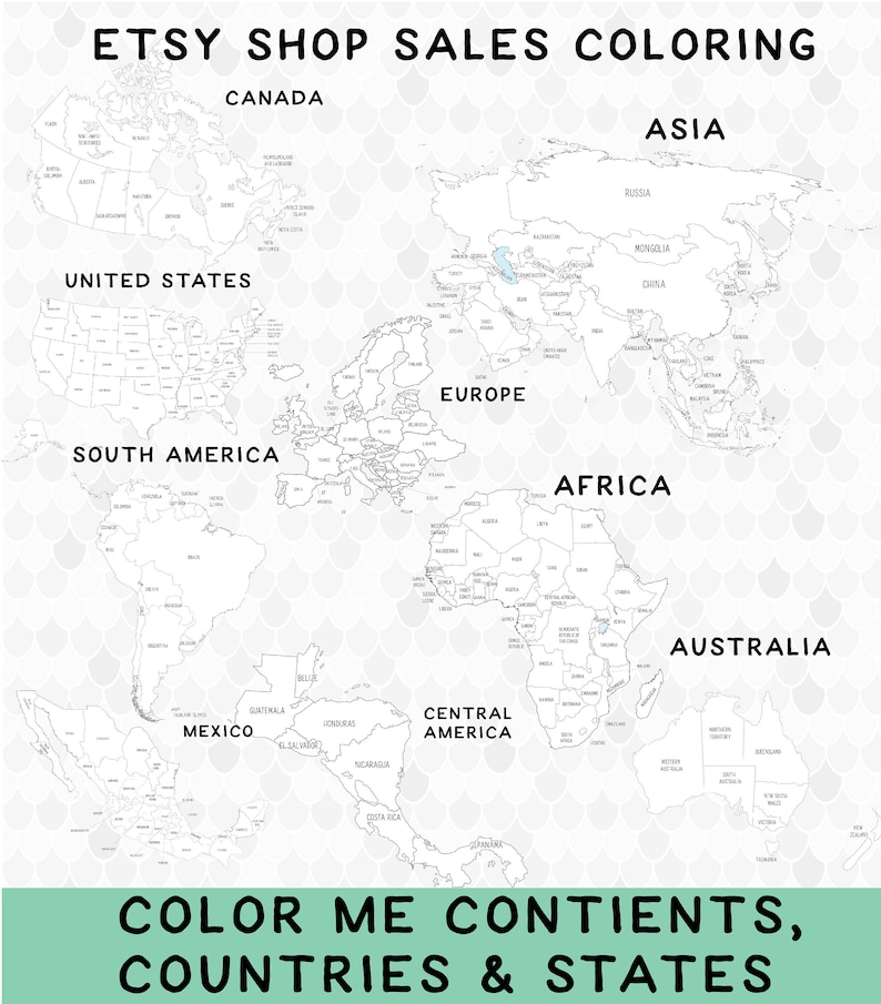 Printable World Map Coloring Pages, Coloring Continents, Coloring Countries, Coloring States, Etsy Sales, Color Sales, Color Tracker