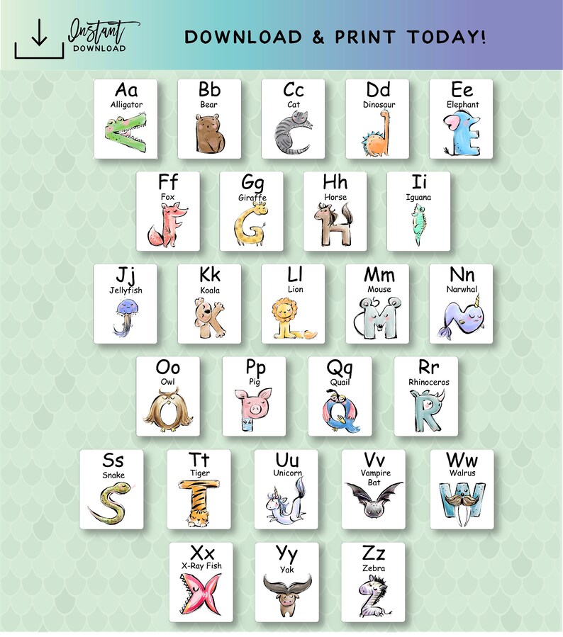 Animals ABC Flash Cards Alphabet Flashcards Printable Etsy
