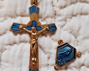 Vintage Art Deco Cross and Center Medal, Rosary Parts, Blue Enamel & Gold (C042)