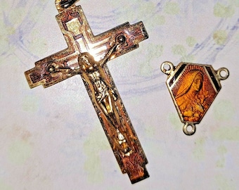 Antieke gouden rozenkransonderdelen, art-decokruis, St Teresa Center-medaille
