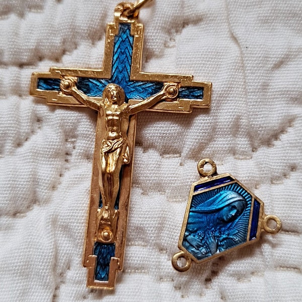 Antique/Vintage Cross and Center, Rosary Parts Gold with Blue Enamel, from The Jeweled Rose